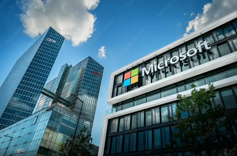 Image of Microsoft Corporation Corporate Office Building with Company Logo.