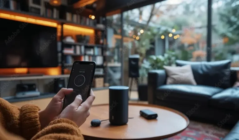 Image of Female Using Internet of Things (IoT) Devices Such as Mobile Phone, Smart Speakers, and Voice Automation Microphone Devices in Their House.