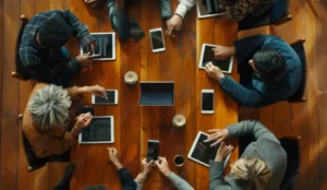 Image of a team of diverse male and female coworkers collaborating during an advisory support meeting.